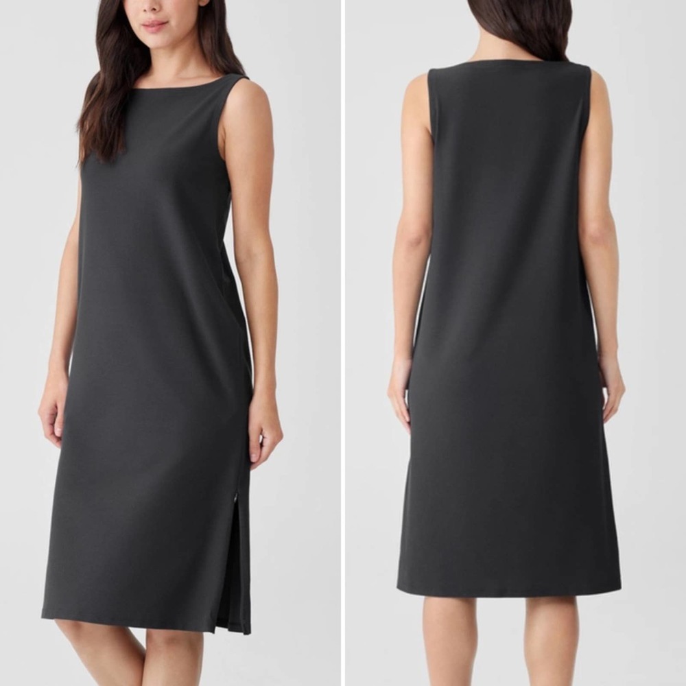 EILEEN FISHER Washable Stretch Crepe Bateau Neck Dress in Graphite Size XL midi